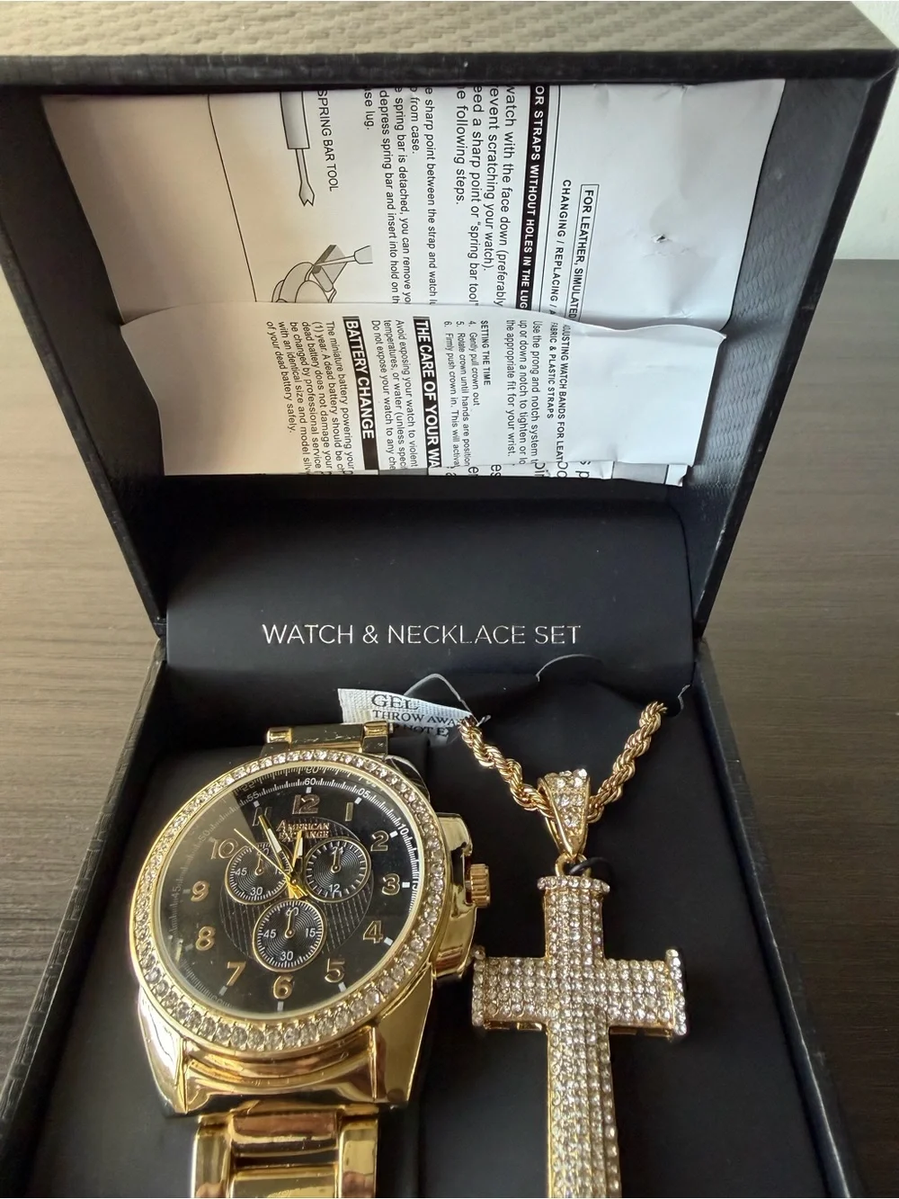 ⁠American Exchange Men Gold Tone Watch Necklace Set Iced Out Crystal Cross Box